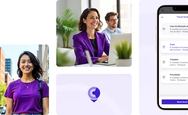 Pessoas usando o app Cittua e tela do app exibida no celular