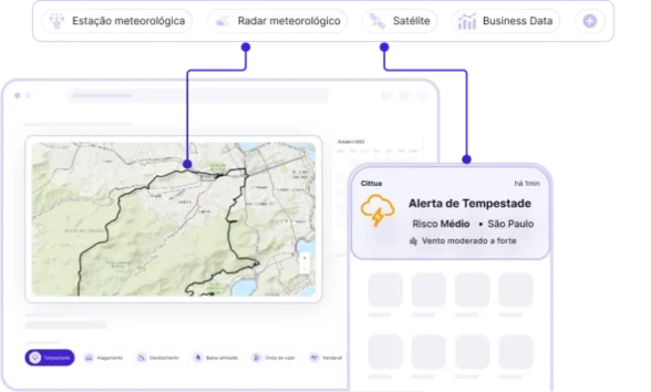 Telas do app web e mobile, mostrando alerta de tempestade